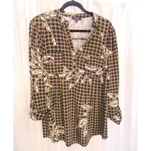 Cocomo Womens Tunic Top Size 1X Brown Black Polka Dot 3/4 Sleeve Pleated Stretch